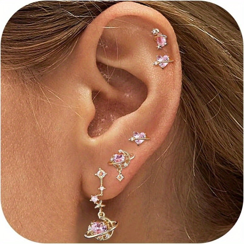 5pcs Stack Studs Earrings For Women Stud Hoop Earrings Sets For Multiple Piercings Moon Hoop Dangle Earrings Stack Set