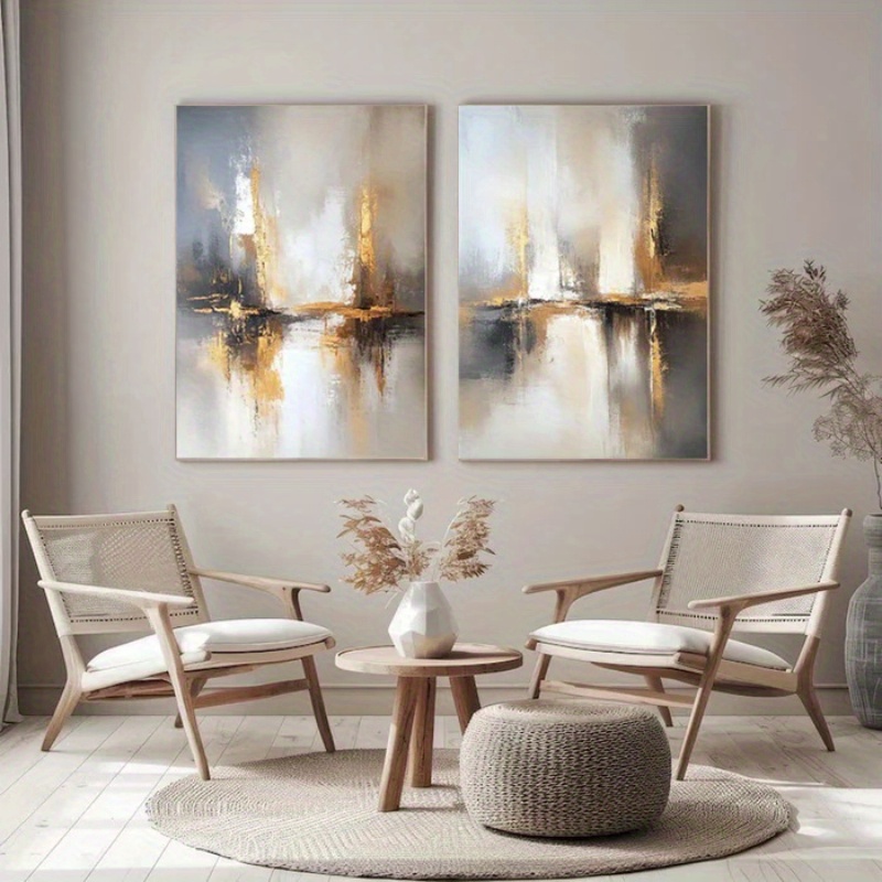 2pcs Impressionist & Minimalist Abstract Cityscape Oil Painting Set - Hand-Painted Beige & Golden Tone Large-Scale Inspired Canvas Wall Art Panels (Unframed) for Modern Living Room, Bedroom, Office Decor - Neutral Palette Luxury Paintings