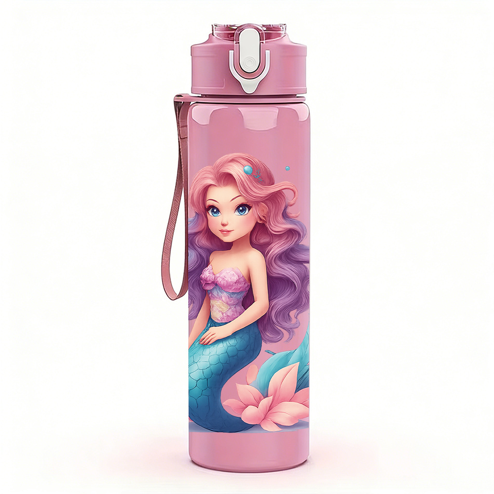 TEMU 1pc Mermaid Girl Style Cartoon Print, 750ml/26oz Colorful Plastic Sports Water Bottle, Tumbler, Cute Printed Design, Leak-proof With Pop-up Lid,