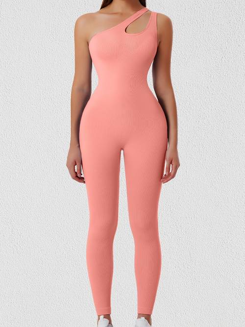 womens ribbed outerwear bodysuit with cut out off shoulder fitting yoga jumpsuit