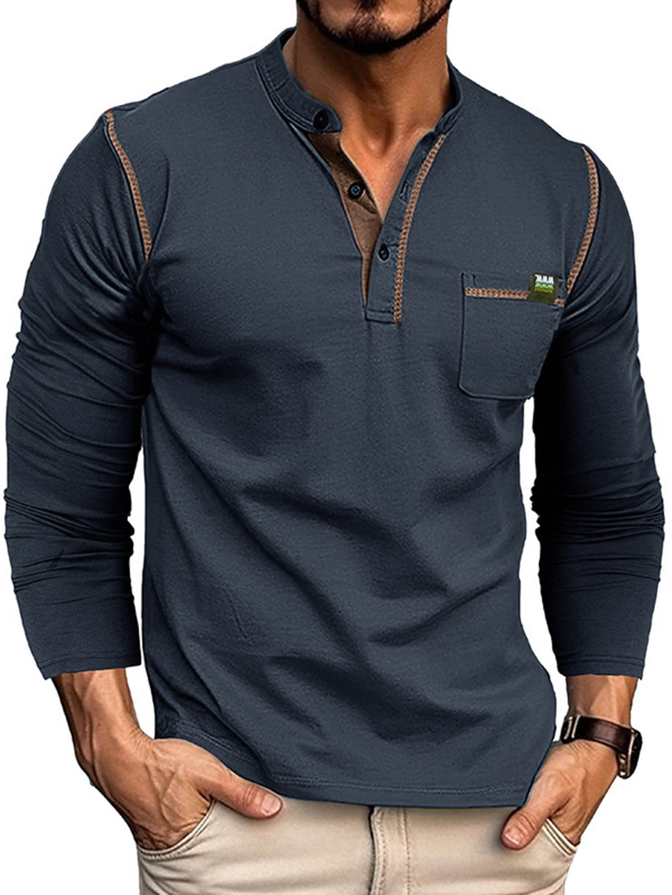 mens stylish henley shirt classic long sleeved lightweight button cotton t shirt casual top shoulder stitching design and contrasting buttons       chest pocket brand label highlights   quality   enhance   of   royal blue 0