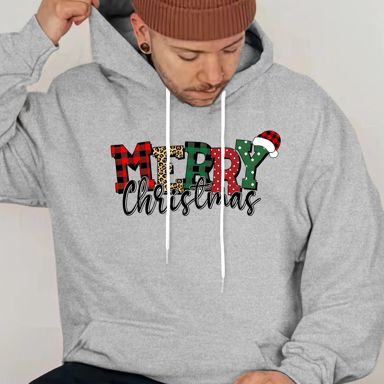 

Men's Merry Christmas Hoodie - Soft , Casual Knit Pullover With Checkered Leopard Pattern, Holiday Print & Pockets, Machine Washable - Ideal For Fall/winter, Christmas Sweater