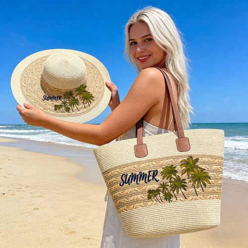 2pcs set beach vacation hat and large tote bag combo printed straw bag and hat set fashionable versatile casual holiday woven bag