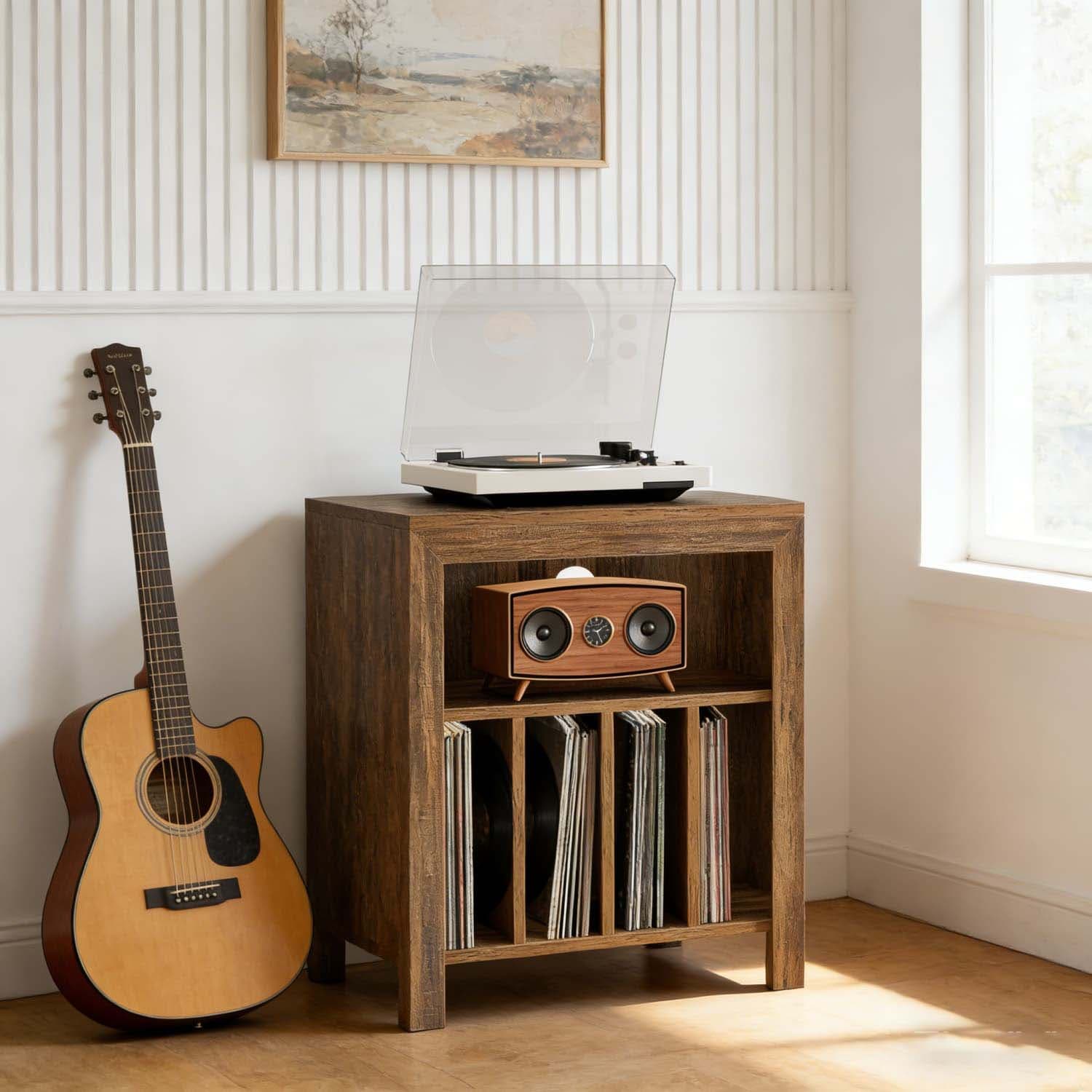 60cm 3-tier Vinyl Record Side Table, Industrial Rustic Brown Storage Unit