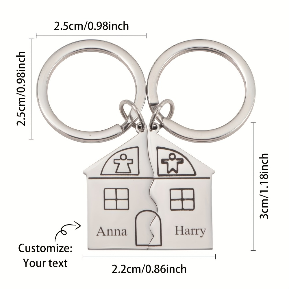 TEMU 2pcs Personalized House Keychains - Custom Engravable Stainless Steel House-shaped Key Rings With Name And Date, Interlocking Puzzle House