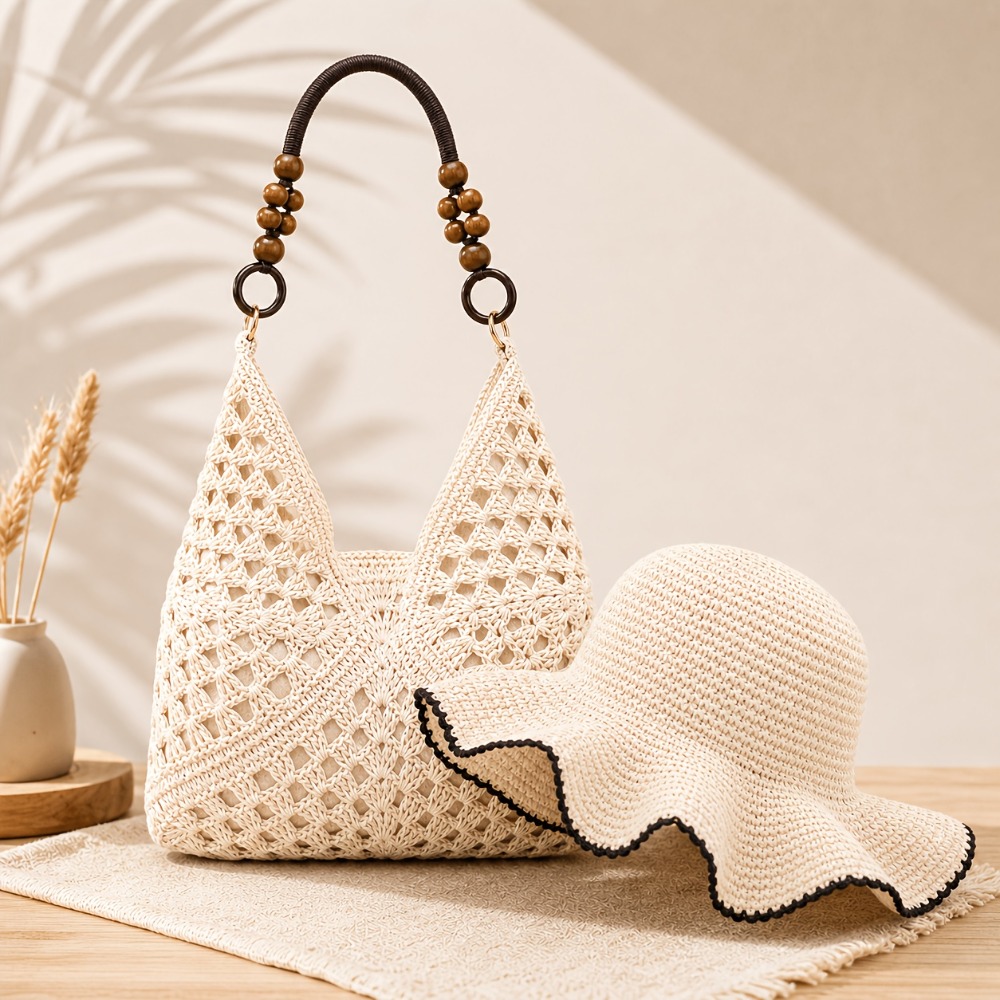 Summer Seaside Vacation Woolen Crochet Bag Hat Set, Handmade Hollow Crochet Wood Bead Tote Bag, Sunshade Fisherman Hat, Versatile Two-piece Set For Travel