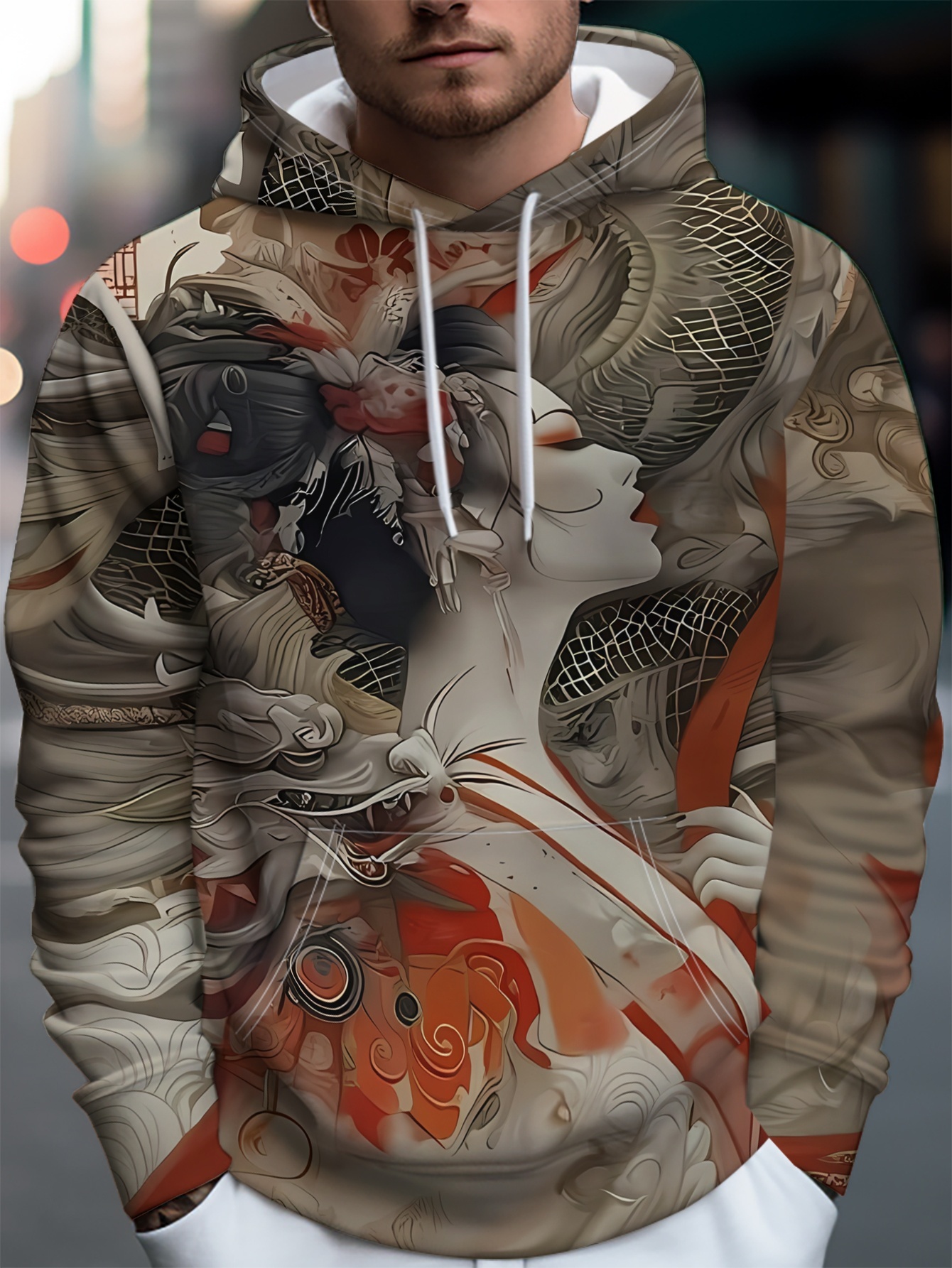 item picture mens traditional chinese dragon print hooded sweatshirt vintage cultural pullover sweater machine washable warm casual sweaters for chinese new year casual attire asian heritage apparel