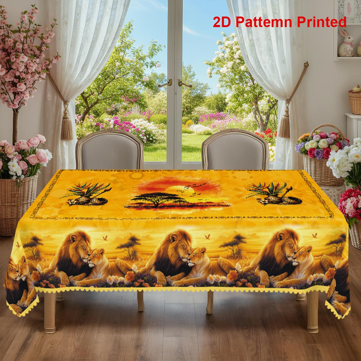 TEMU 1pc, Lion Themed Party Tablecloth, Vintage African Floral Sunset Landscape Printed Design, Rectangular/round/oval Table Cloth, Embossed Edge,