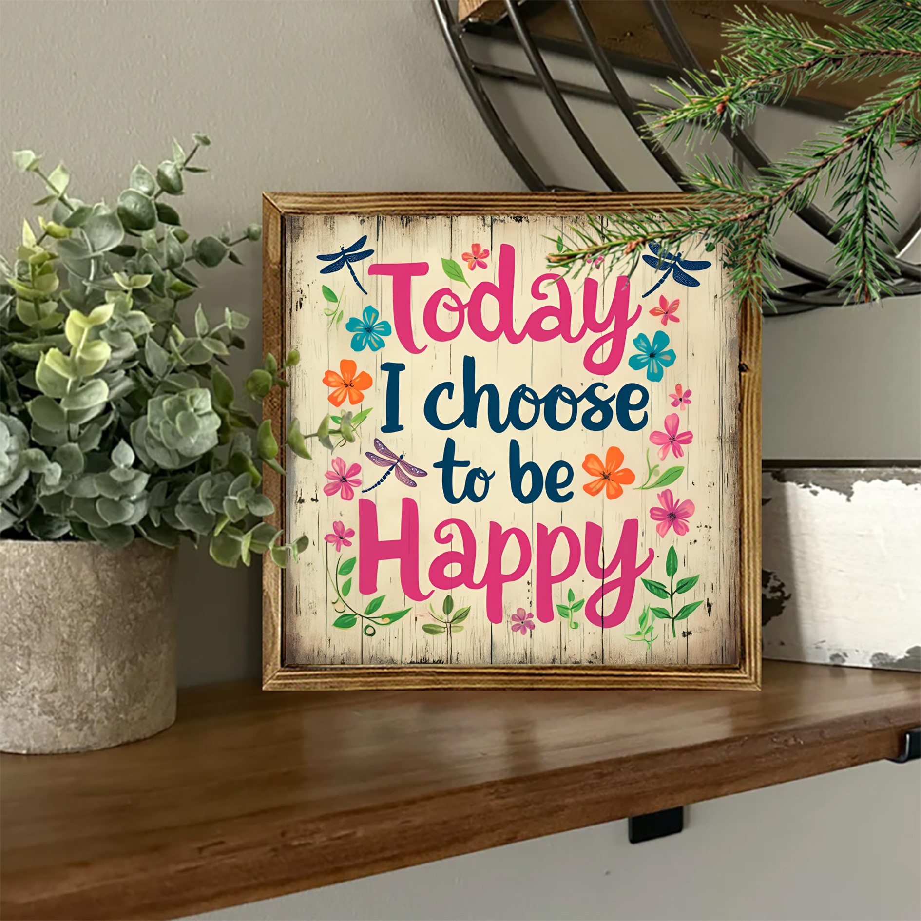 2D Flat - 2D Wall Art Featuring The Phrase 'Today I Choose Happiness' - a Country-Style Decoration with Floral Accents in Pink, Beige, Brown, Or Orange - Made from Reclaimed Wood, Suitable for Home, Office