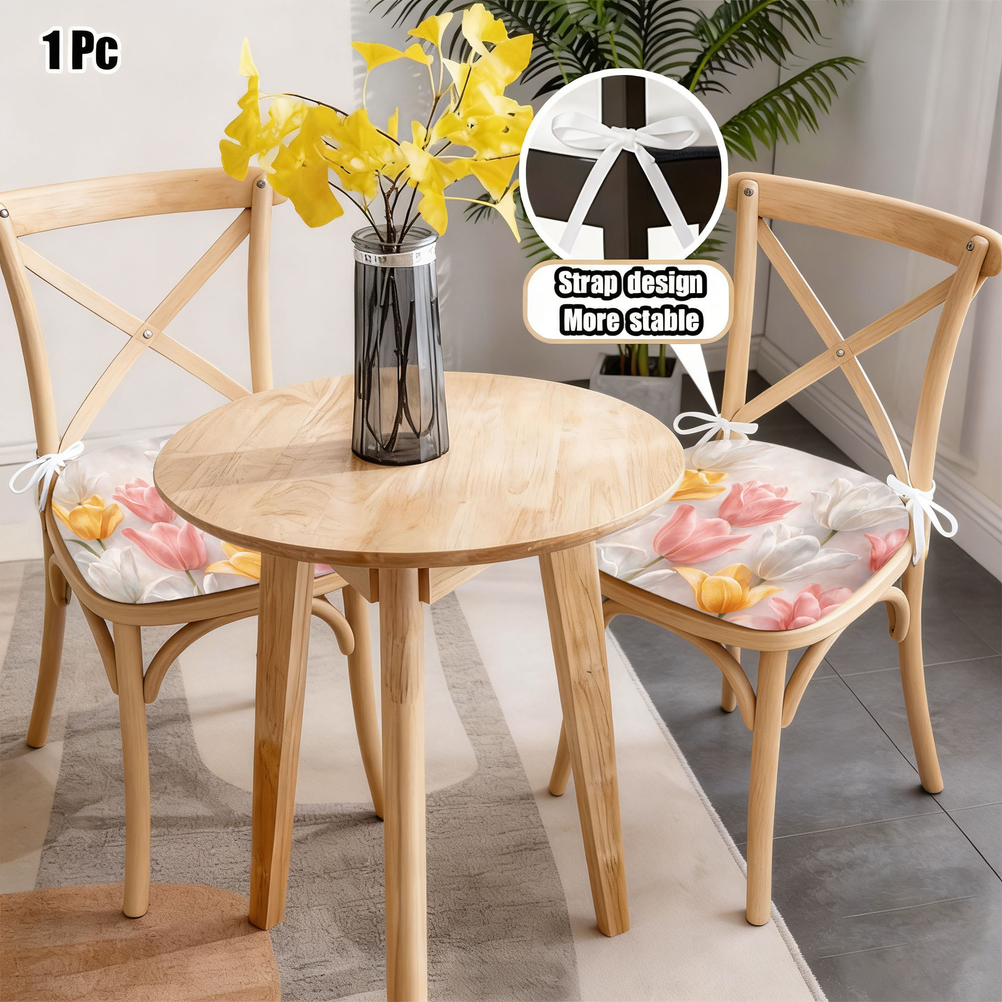 hoefijzer-vormig stoelkussen met print van  , witte en   tulpen in frisse aquarelstijl, antislip en wasbaar, geschikt voor eetkamerstoelen, bureaustoelen en studentenkrukjes, heupbescherming voor langdurig zitten, geheugenschuim zitkussen voor thuis