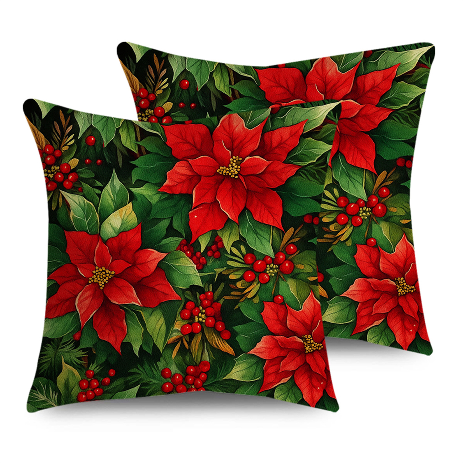TEMU Two-pack Christmas Pillow Covers Featuring Red Poinsettias, Red Berries, And Green Leaves, Suitable For Bedding, Bedrooms, Sofas, And Indoor Or