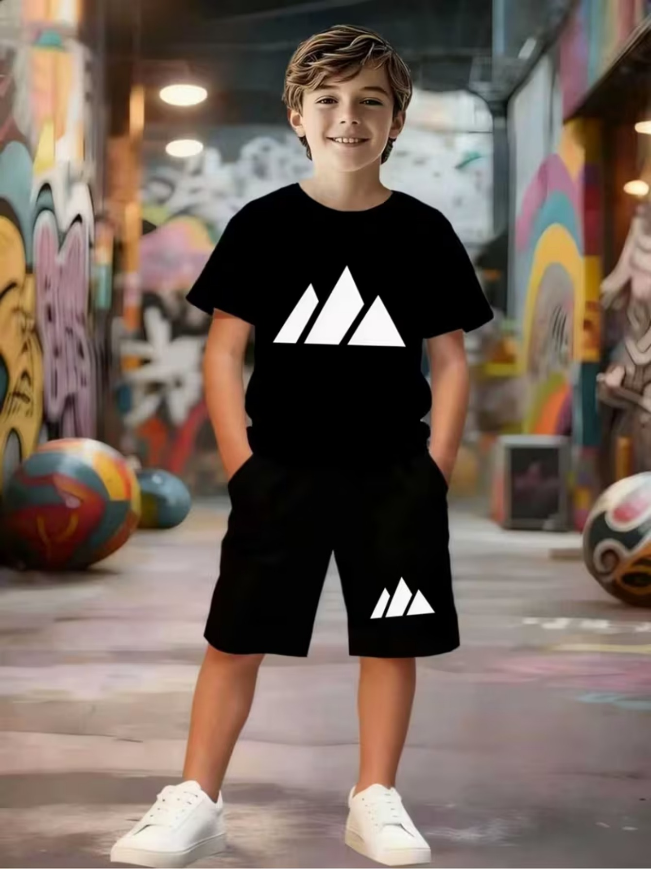 summer polyester short sleeve shirt with mountain print regular   fabric breathable washable and durable versatile for daily wear 1pc kids round neck top