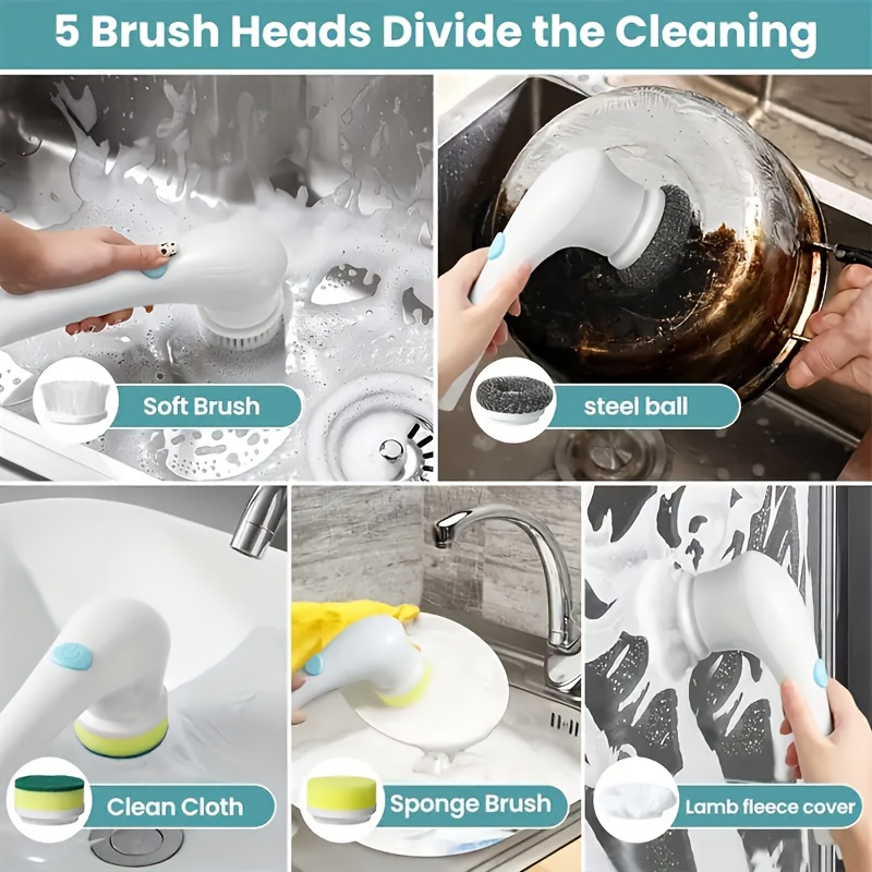 1pc cordless electric rotating scrubber with 5 interchangeable brush heads handheld rechargeable shower brush for bathtub tiles shower kitchen car glass cleaning usb charging 800mah lithium battery details 5