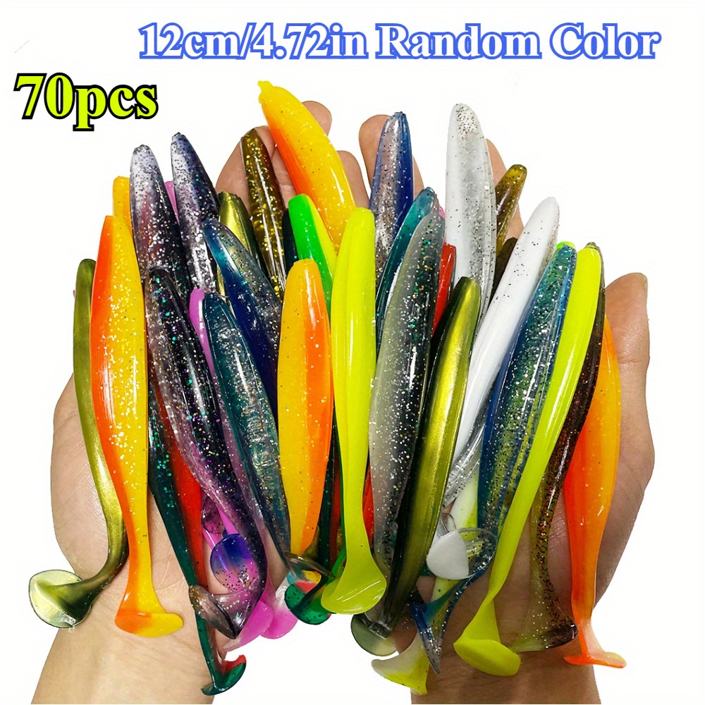 70pcs lot two tone t tail fishing lure worm soft bait 5cm 7cm 9cm 12cm random color artificial swimbait bait for fishing pike jigging     bait