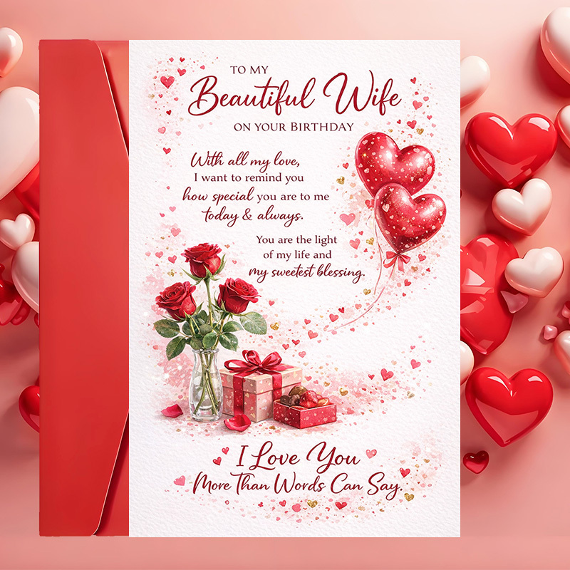 TEMU 1 Greeting Card + 1 Enveloperomantic Birthday Card For Wife With Heart Balloons And Roses Husbands To Love And Appreciation On Special