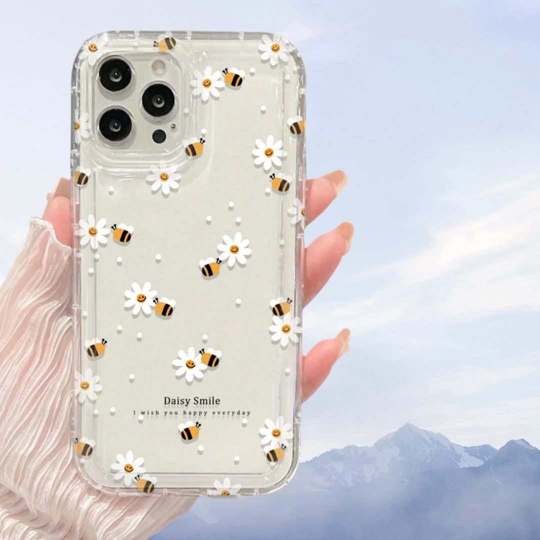 TEMU Transparent Shockproof Phone Case With Bee And Flower Pattern, Compatible With For Iphone 16, 15, 14, 13, 12, 11, Xs, Xr, X, 7, 8, 12/13 Pro Max