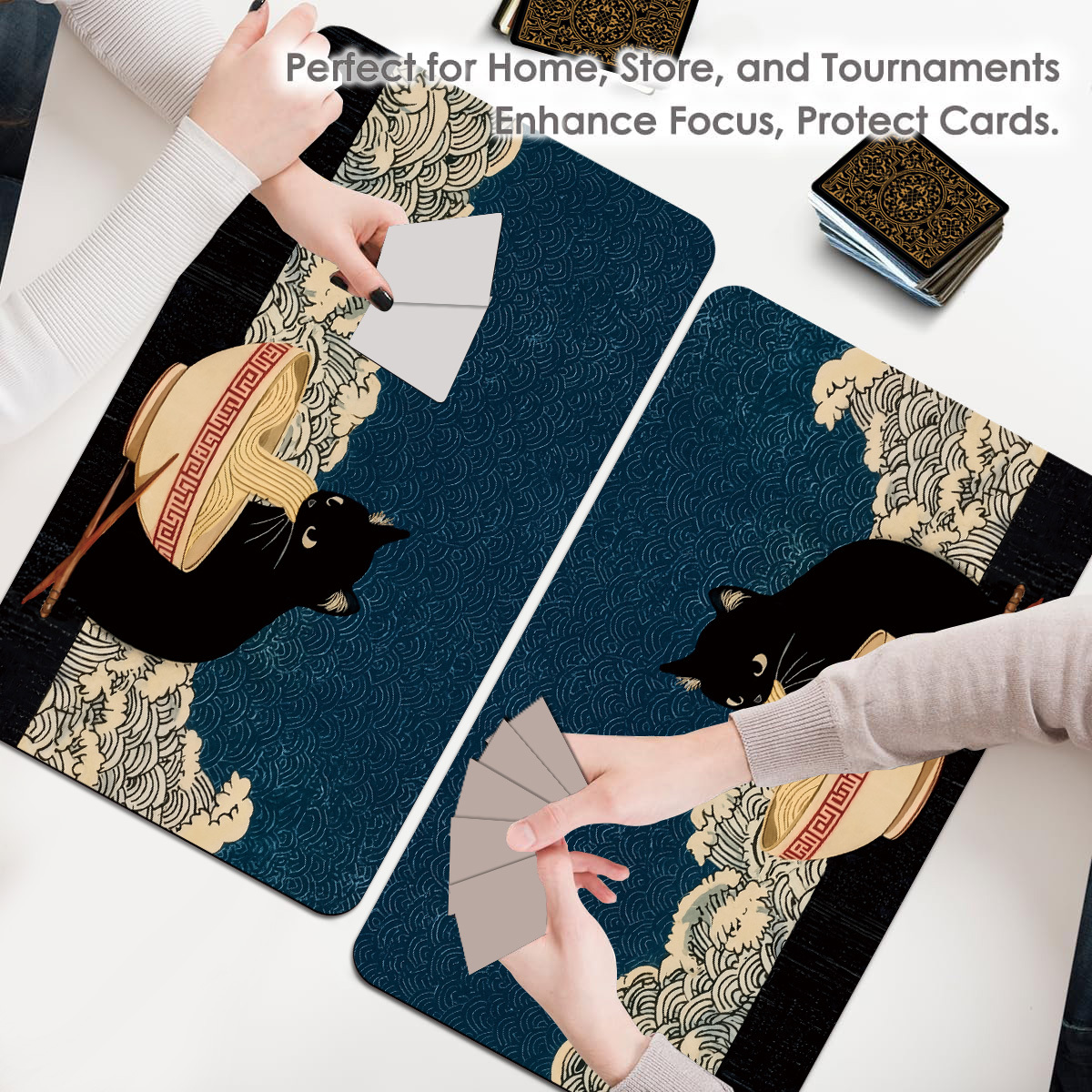 Japanese Style Black Cat Ramen Pattern Card Game Mat, TCG Accessory