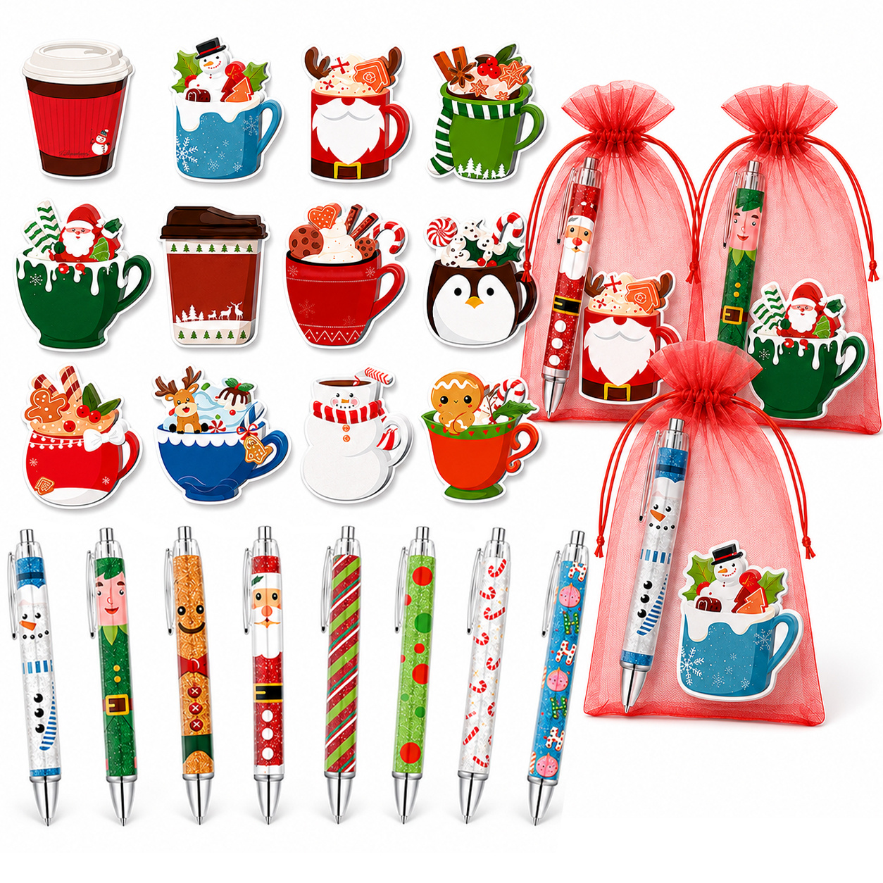 TEMU 8-set Christmas Notebooks And Ballpoint Pens (with Mesh Bags), 8pcs Post-it Notes, Pens, And Mesh Bags, Snowman, Christmas Tree, Reindeer, Santa
