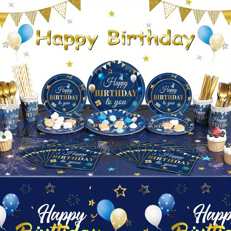 41-teiliges Geburtstags-Geschirr-Set Blau/silber – Mit Glitzer-Diamanten, Für 20 Gäste Inkl. Teller, Servietten & Tischdecke