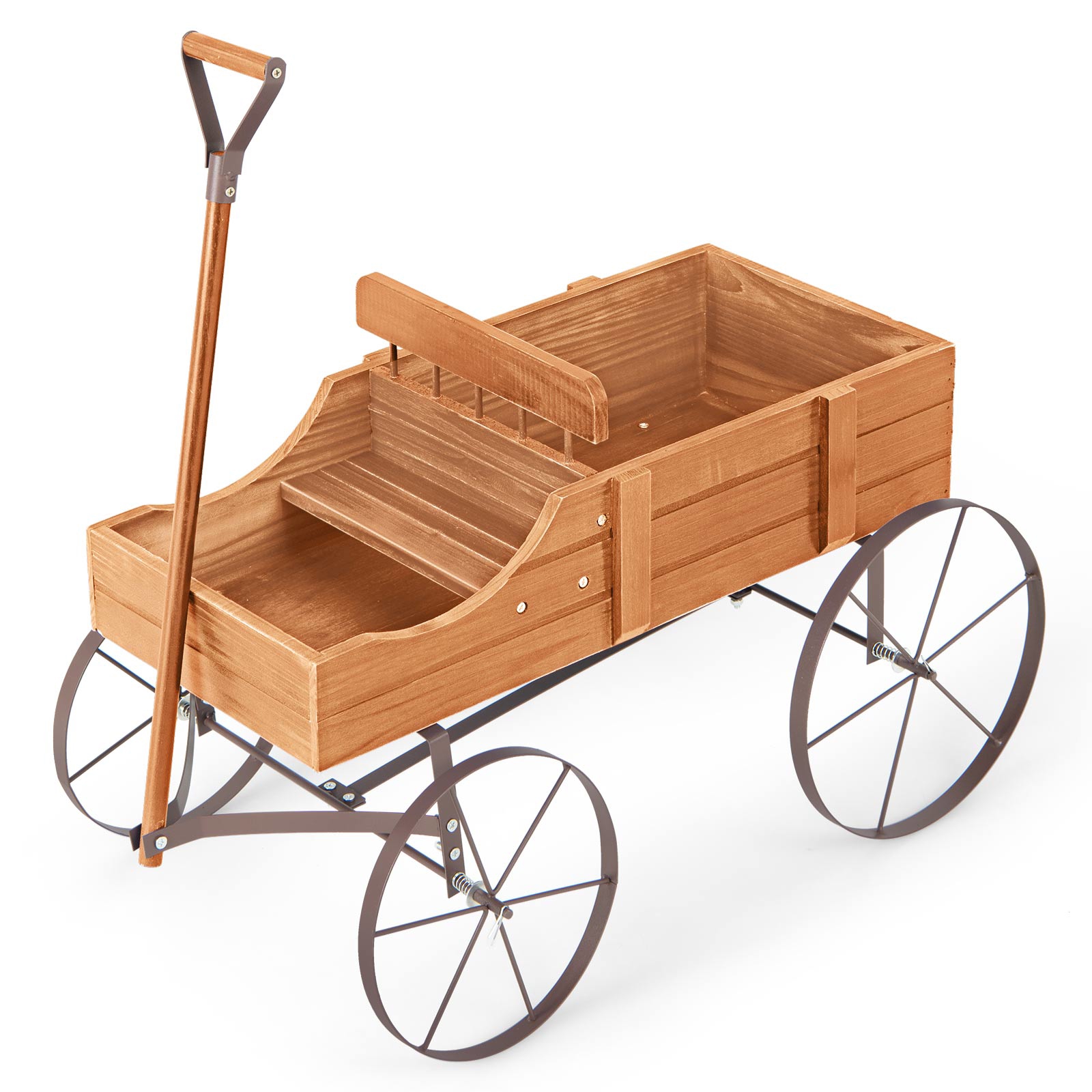 Image of Planting Cart, Flower Planter With Adjustable Handle, 4 Rolling Wheels, Dual Plant Compartments, Rustic Outdoor For Garden, Patio, Backyard, Orange