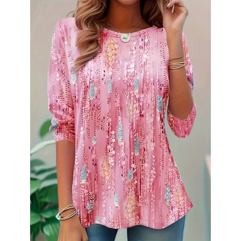 

Plus Size Women's Sequin & Floral Print T-shirt - Elegant Long Sleeve, Round Neck, Lightweight Polyester Top, Machine Washable - Pink With Accent, Plus Size Ladies Shirts