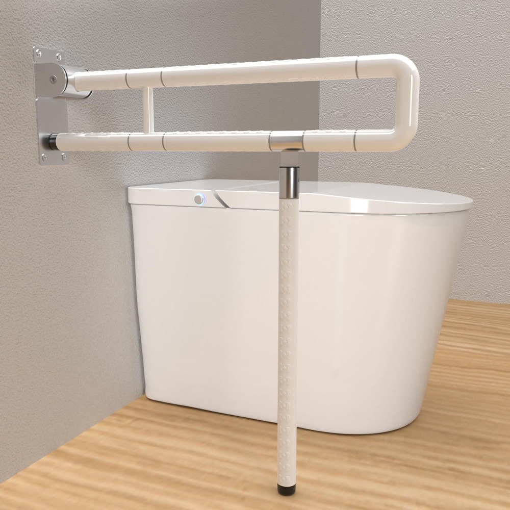 TEMU White Foldable Toilet Safety Rail With Support Legs 60cm, Anti-slip Bathroom Grab Bar For Elderly Disabled Potty Assist Handrail