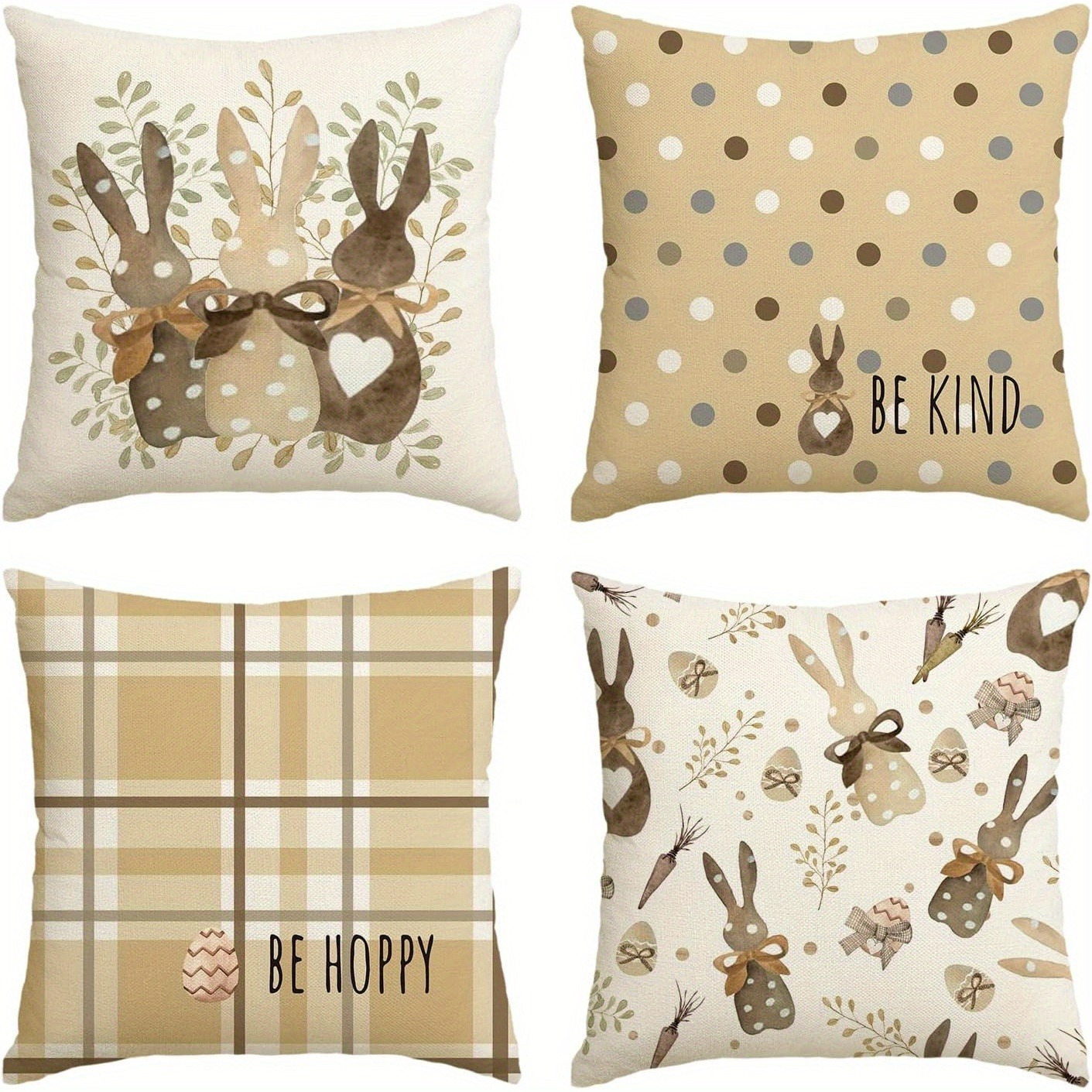 

4-pack Rustic Easter Pillow Covers, Polyester Woven Cushion Cases With Zipper, Hand Wash Only, Rabbit & Print, Decorative Sofa Covers For Home & Rooms - No Insert