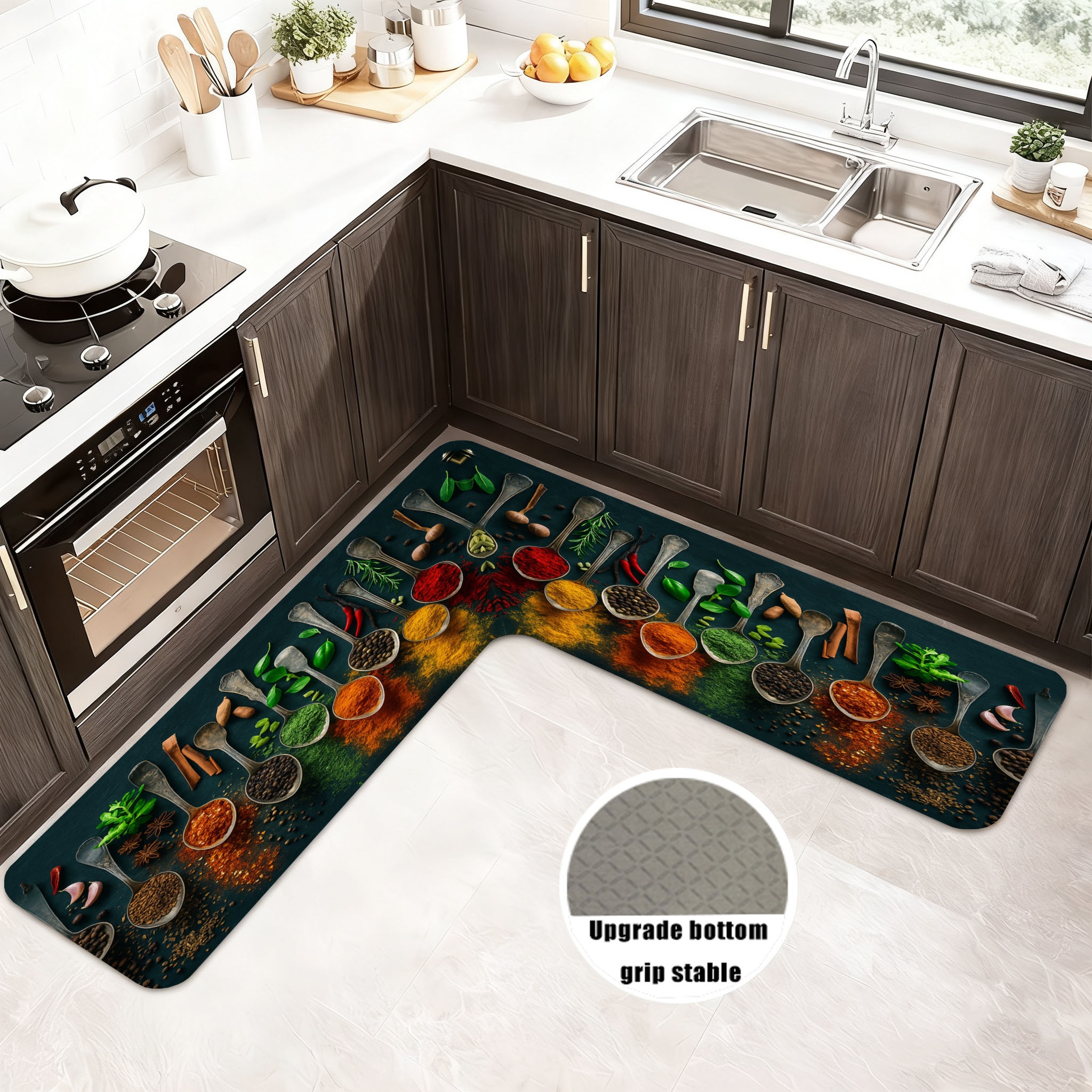 TEMU 1pc Creative Spice Print L-shaped Floor Mat, Thickened Non-slip, And Oil Absorption,, Washable And Machine Washable, Quick-drying,
