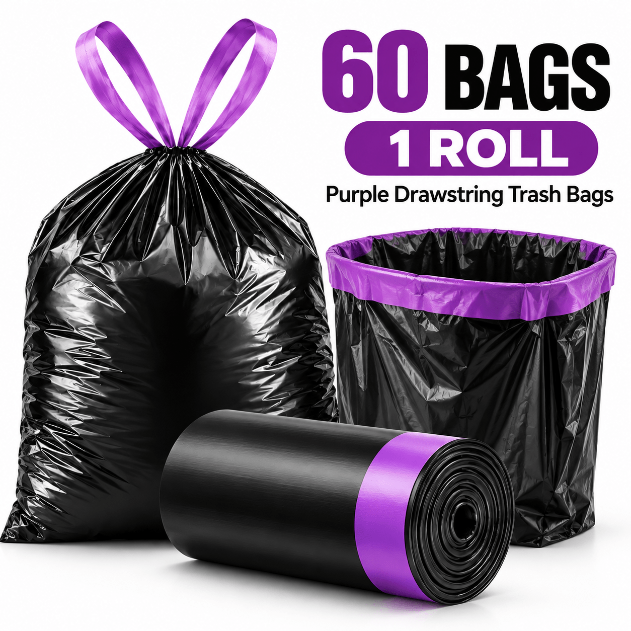 TEMU 60pcs Black Drawstring Trash Bags, 1 Roll, 4 Gallon Small Garbage Bags With Purple Tie Handles, 17.72 X 16.93 Inch, & Carry Trash Can Liners For