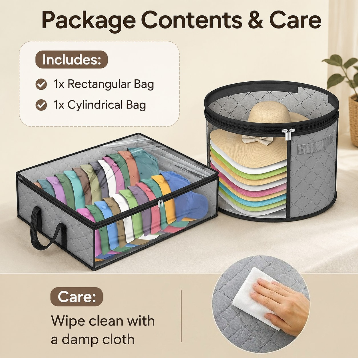 2pcs Set: Rectangular & Cylindrical Hat Storage Boxes