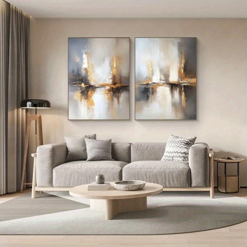 2pcs Impressionist & Minimalist Abstract Cityscape Oil Painting Set - Hand-Painted Beige & Golden Tone Large-Scale Inspired Canvas Wall Art Panels (Unframed) for Modern Living Room, Bedroom, Office Decor - Neutral Palette Luxury Paintings