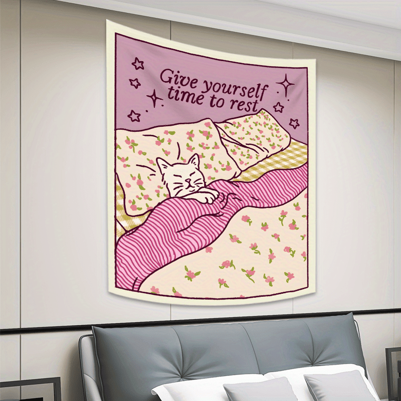 Chic Pink Cat Tapestry With Inspirational Quote And Floral Design_voghion.com