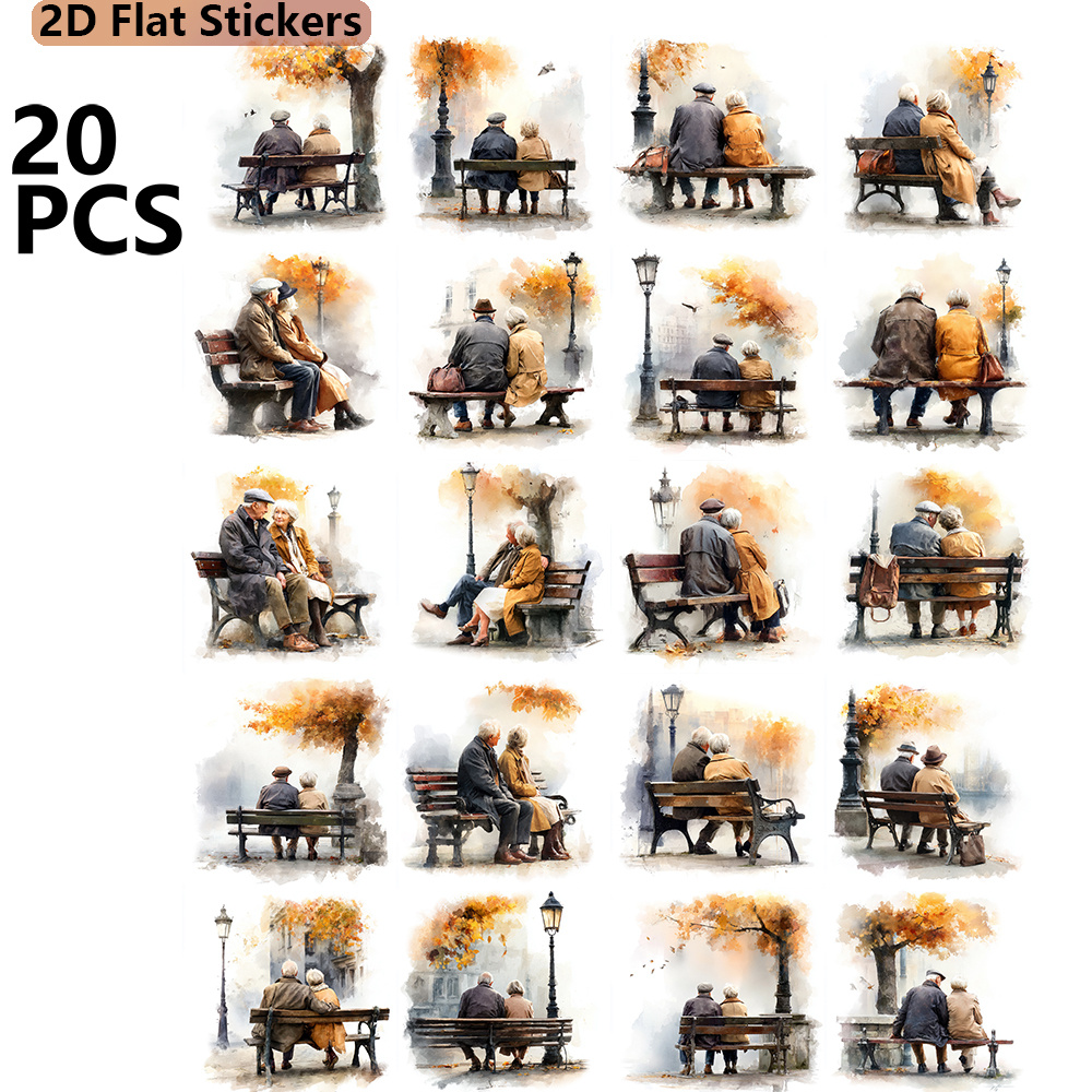 TEMU 20pcs Elderly Couple Park Bench Stickers Pack, Is Plane 2d Stickers, For Diy Crafts Projects Scrapbooking Luggage Laptop Notebook Journaling