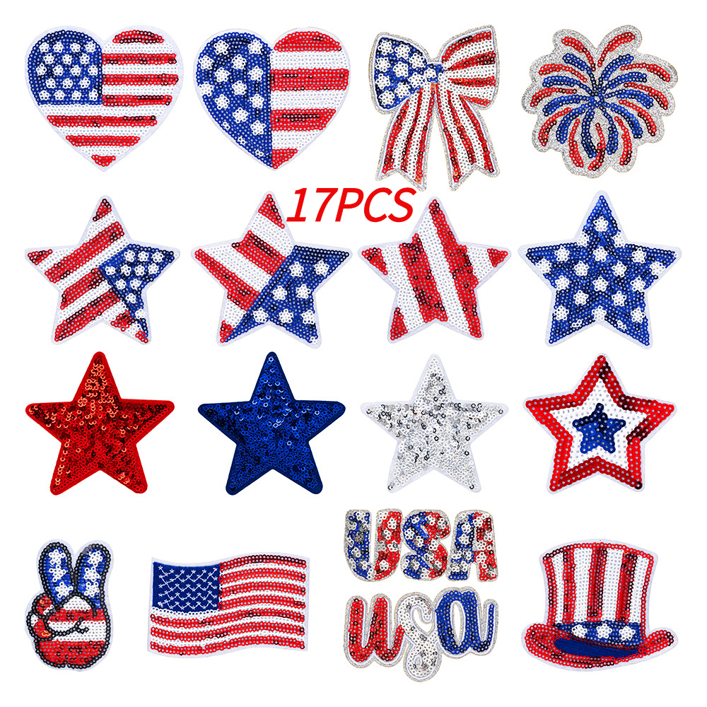 TEMU 17pcs 2026 New Usa Sequin Embroidered Patches, Iron Flag Patches For Clothes Diy Daily Use Gift