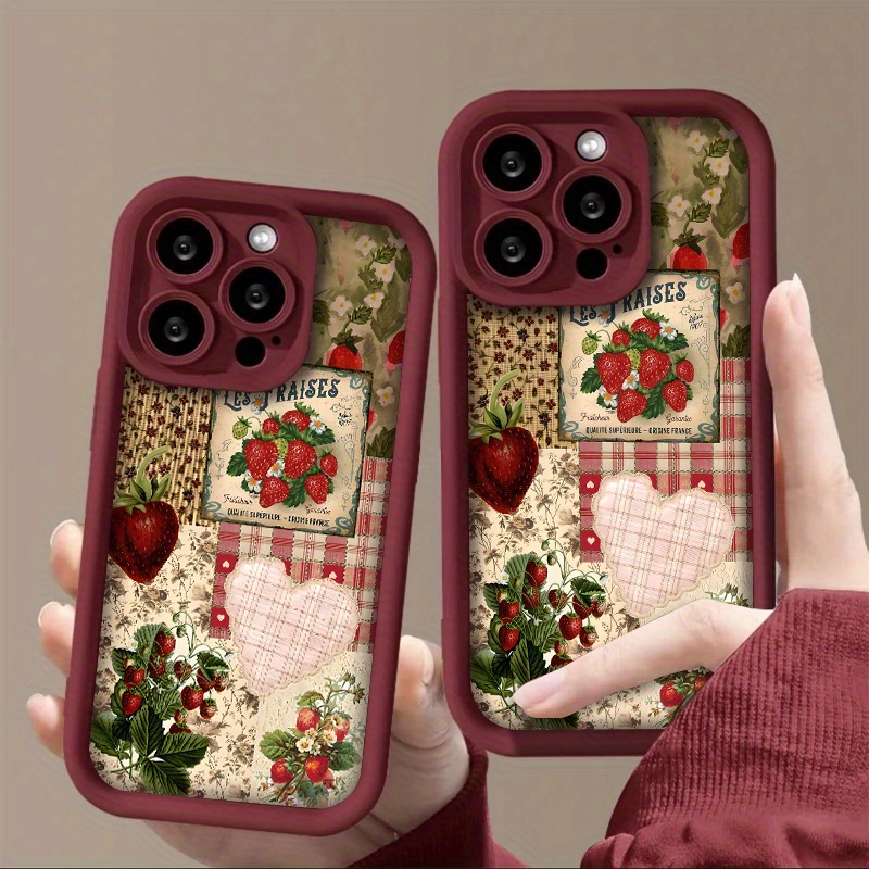 Vintage Strawberry Pattern Phone Case for iPhone 16 Pro Max, 16 Pro, 11 Pro Max, 15, 14 Plus, 13, 12, 16 XS Max, 15 Pro, XR, 15 Pro Max, 14, 13 Pro, 12 Pro Max Featuring TPU Drop Protection Soft Cover - Image 4