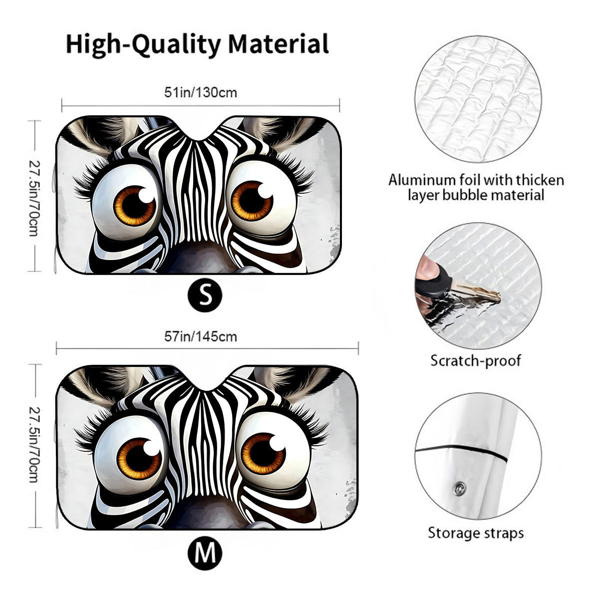 TEMU 1pc Foldable Car Sunshade Suitable For Vehicles, Suction Cup With Zebra, & Panel For Glare, Portable For Road Trips, Commuting, Camping, Car