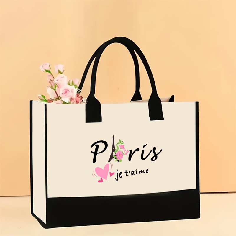 

Paris-themed Canvas Tote Bag For Women, Large Capacity Shoulder Bag, Machine Washable, No-closure Design, Unlined, For Shopping, Travel, And Daily Use