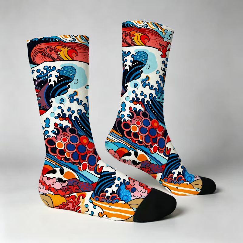 TEMU Great Crew Socks, Vibrant Japanese -e Art Design With Ocean Waves And Bubbles, Colorful Cartoon Style Fashion Additions For Men Women, Soft