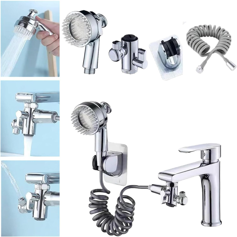 Image of Silver 3-in-1 Bathroom Faucet Extender Set, Multifunctional Hair Washing & Face Washing Sprayer Attachment For Sink Faucet