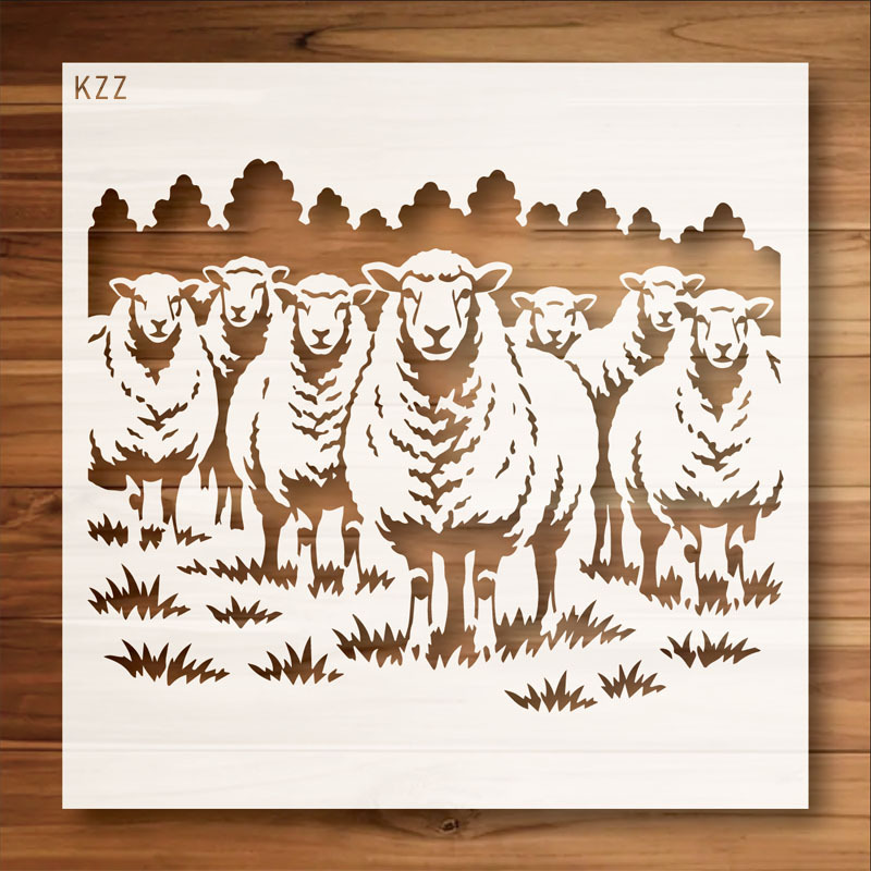 TEMU Kzz 1pc Reusable Flock Of Sheep Stencil, Rustic Farm Sheep Herd In Painting Template, Durable Stencil For Wood Signs, Wall Decor, Fabric &