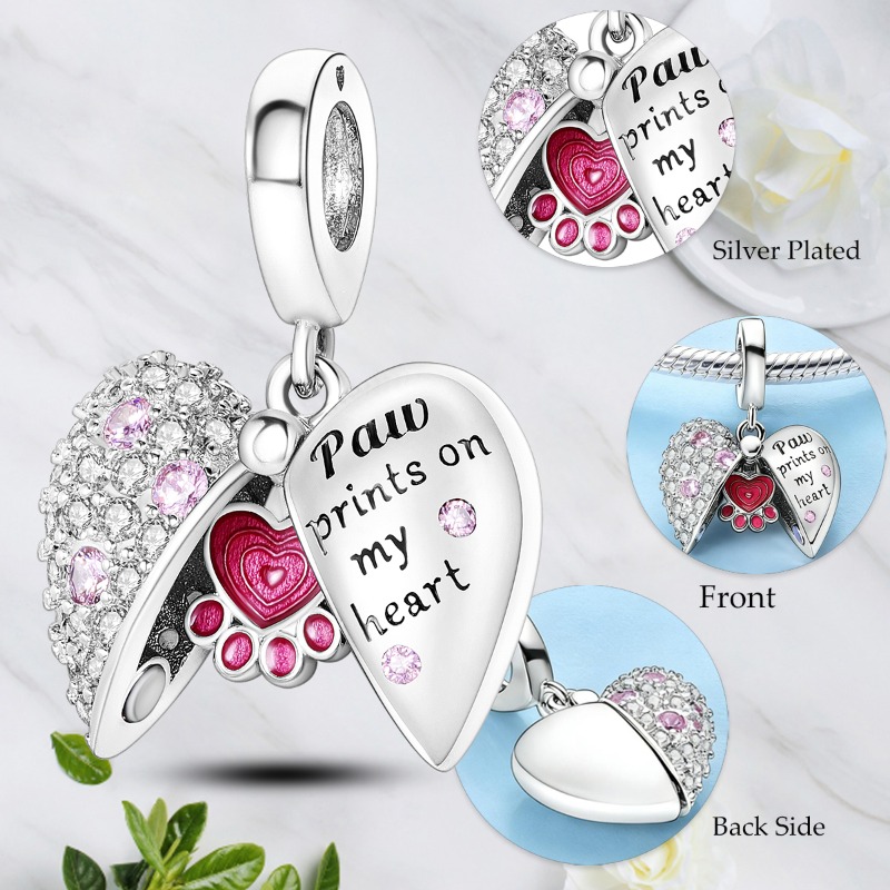 TEMU Silver Plated Cute Punk Heart-shaped Paw Print Charm Synthetic Cubic Synthetic Zirconia Suitable For Bracelets Necklaces Diy Pendants Women's