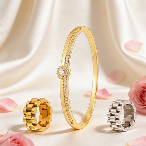 3pcs dual trend copper and steel texture lightweight fit versatile styling for daily and sports occasions 18k golden plated with synthetic zirconia