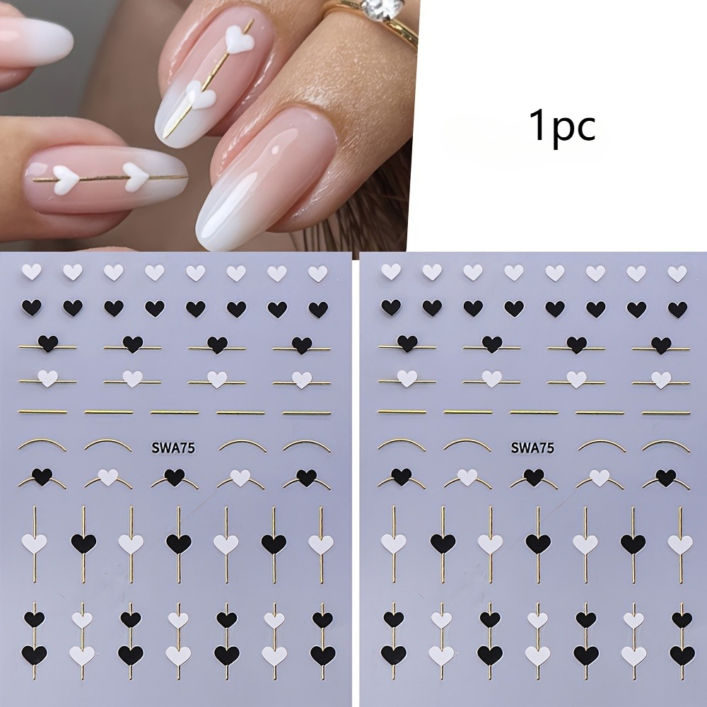 1pc Black And White Heart-shaped Valentine's Day Nail Stickers | Nail Decals, Self, Glossy Finish, Single Use, Pet Material
