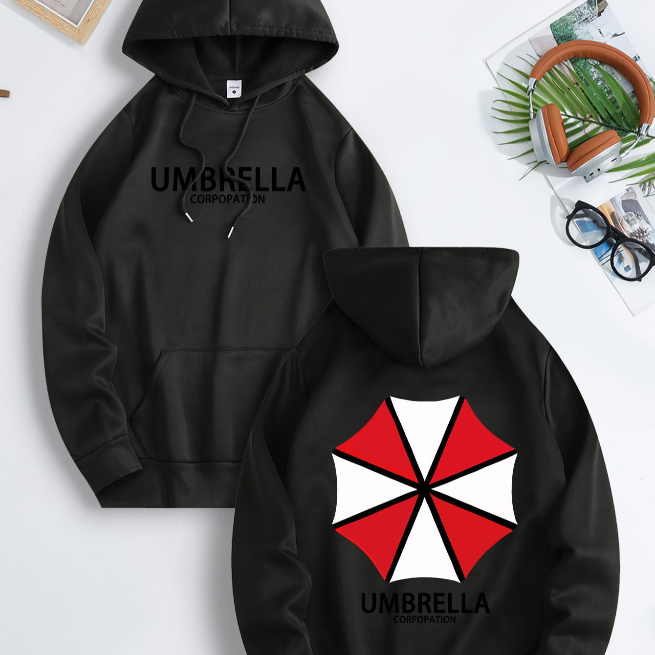 

1pc Umbrella Corp Print Hooded Sweatshirt, Casual Long Sleeve Pullover With Drawstring, Regular Polyester Hoodie For All