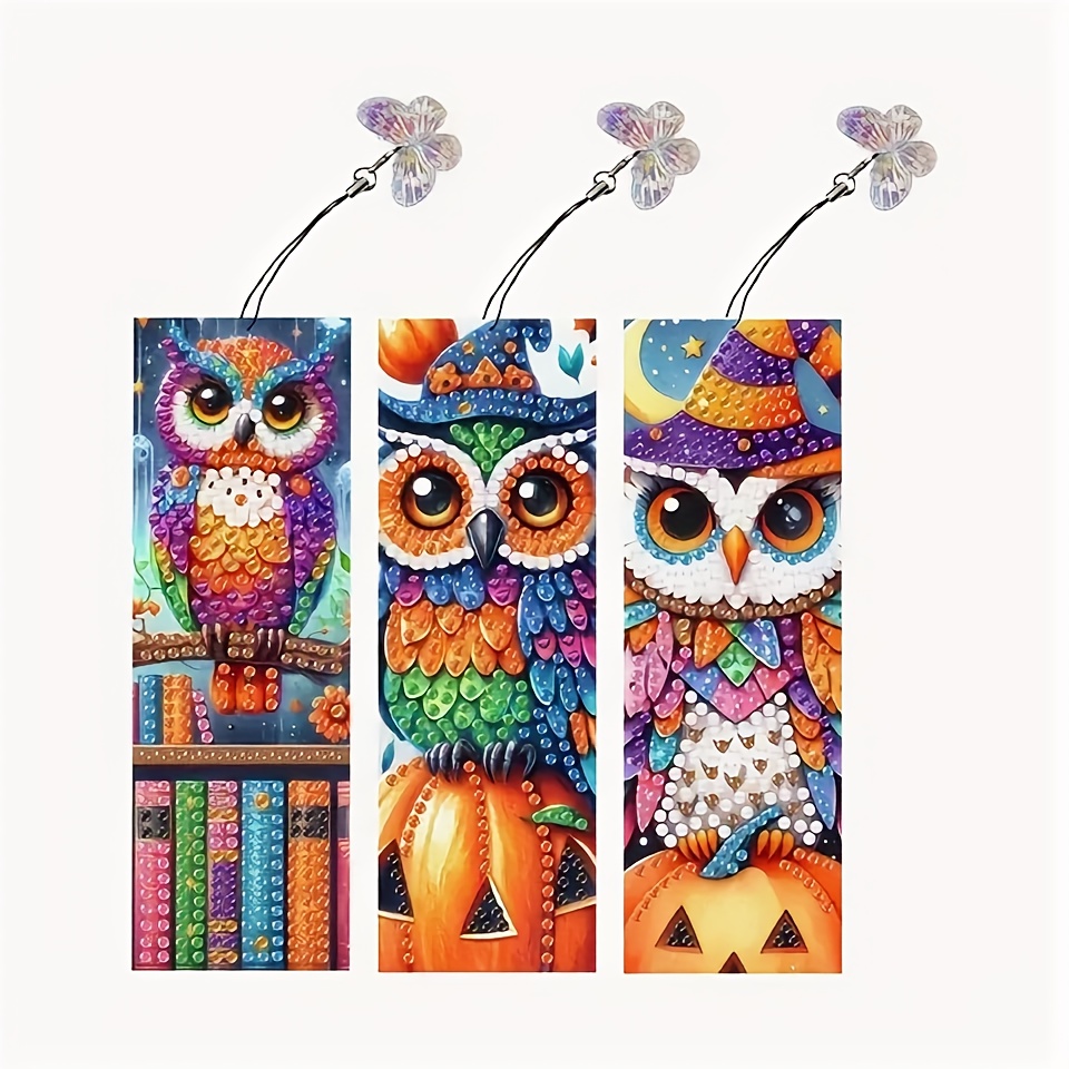 TEMU 3pcs Set Of Diamond Painting Bookmarks With Special-shaped , Featuring Owl And Pumpkin Designs. Irregularly Shaped Bookmarks For Diy Fun And