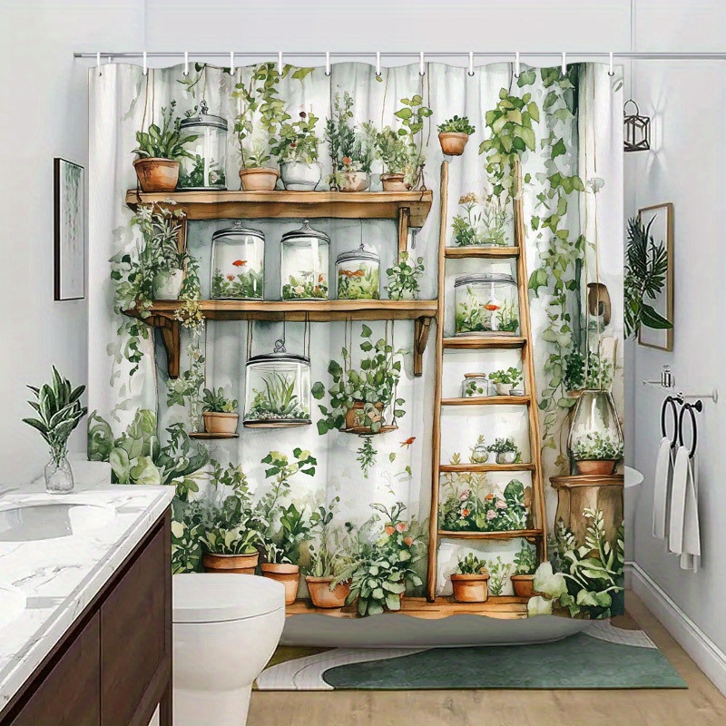 TEMU 1pc Rideau de Douche de Serre - Fleurs Aquarelle, Papillons & Poissons Rouges dans des Plantes en Pot Exubérantes - Tissu Polyester Durable avec
