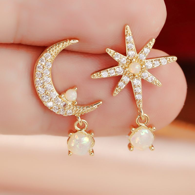 TEMU Luxury- And Moon Asymmetrical Pendant Earrings, Sparkling Synthetic Synthetic Zirconia Set Earrings, Exquisite Women's Accessories, Suitable For