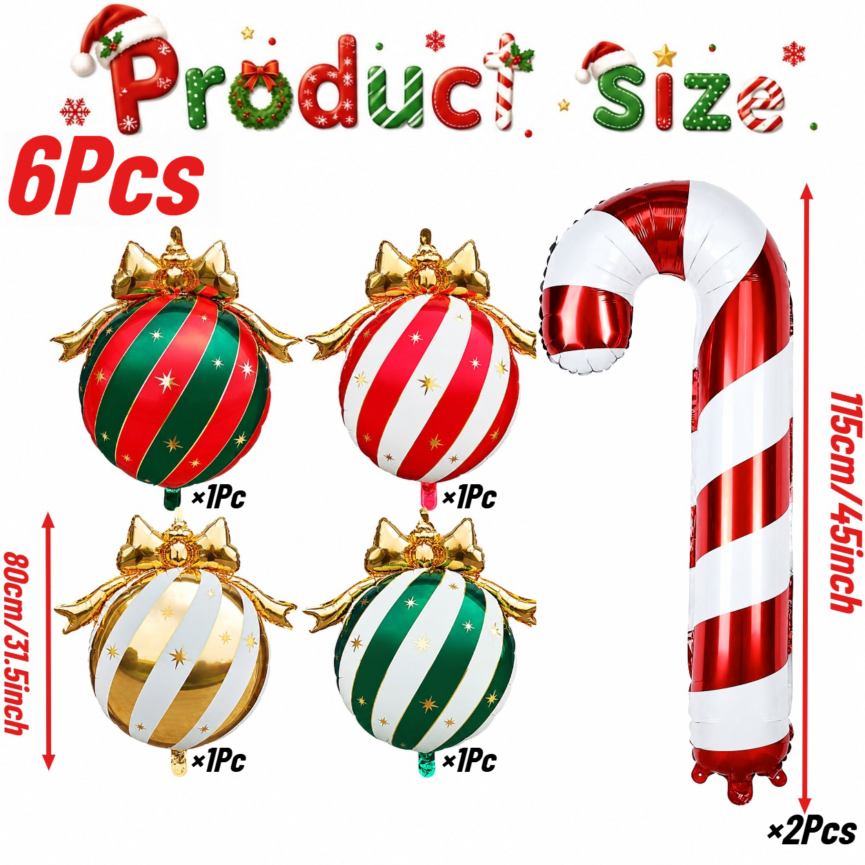 TEMU 6pcs Set - 45-inch Red And White Striped Candy Cane Balloon And -inch Bow Tie Individual Hanging Ball Set, Of Colors, Christmas Balloons,