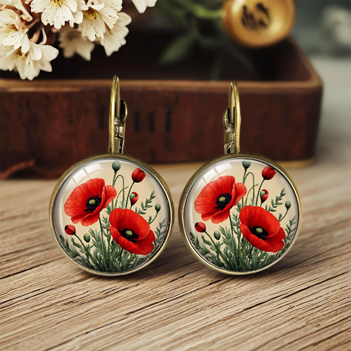 TEMU 1 Pair Of Beautiful Red Flower Bud Stem And Leaf Watercolor Illustration Round Dangle Earrings, Artistic Botanical Unisex Versatile Earrings