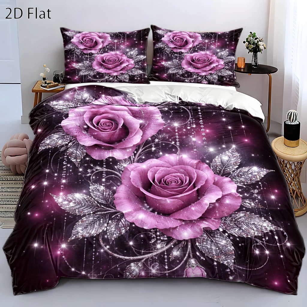 TEMU 3pcs Purple Rose Rhinestone Bedding, 1*duvet Cover   2*pillowcases. The Duvet Cover Set Is Suitable For And Machine Washable. Features A Large